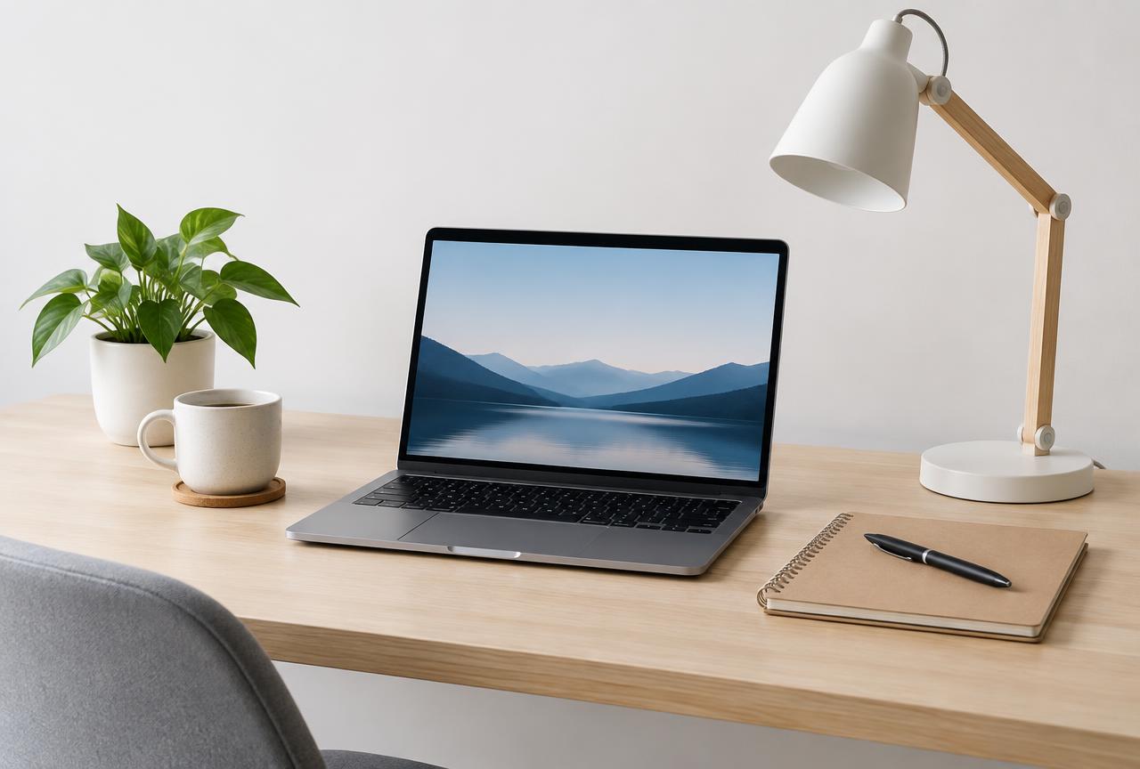 Minimalist desk setup with clickable product pins